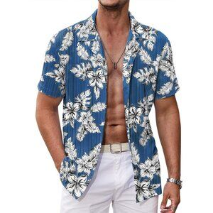 Men's Blue-white Flower Casual Short Sleeve Button Down Textured Beach Shirts
